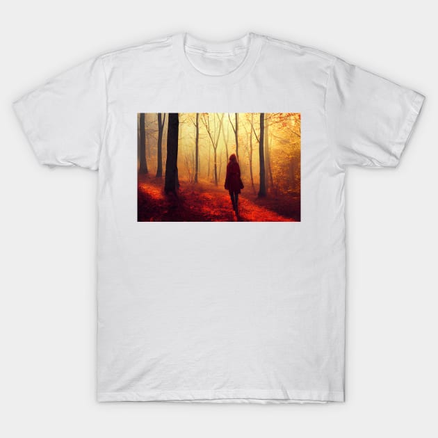 Lone woman wanders into dark wood , Symbol of depression T-Shirt by DyeruArt